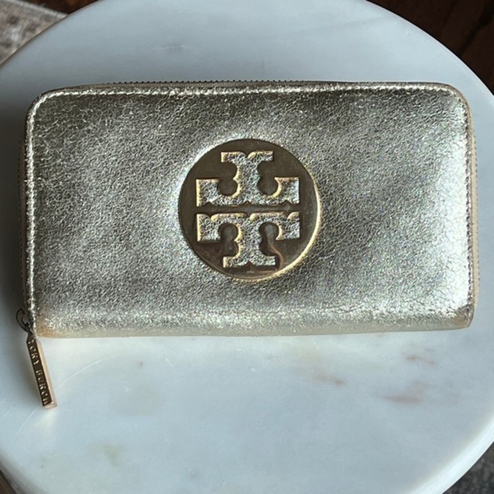 Tory Burch Distressed Gold‎ Metallic Zip Around Wallet Clutch Wristlet